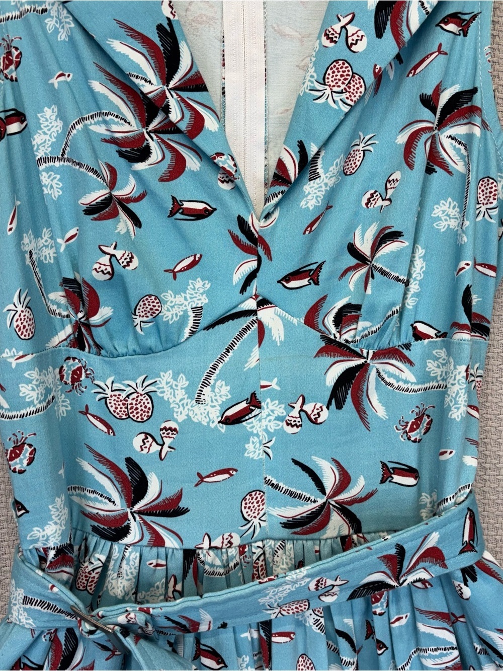 Vtg Bettie Page Hawaiian Fit & Flare Pin Up Blue Dress Sz 10 Retro Vacay Mini - Picture 4 of 13